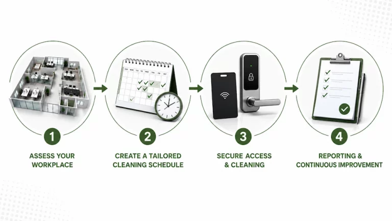 Four-step process showing walkthrough, cleaning schedule, secure access, and completion reporting