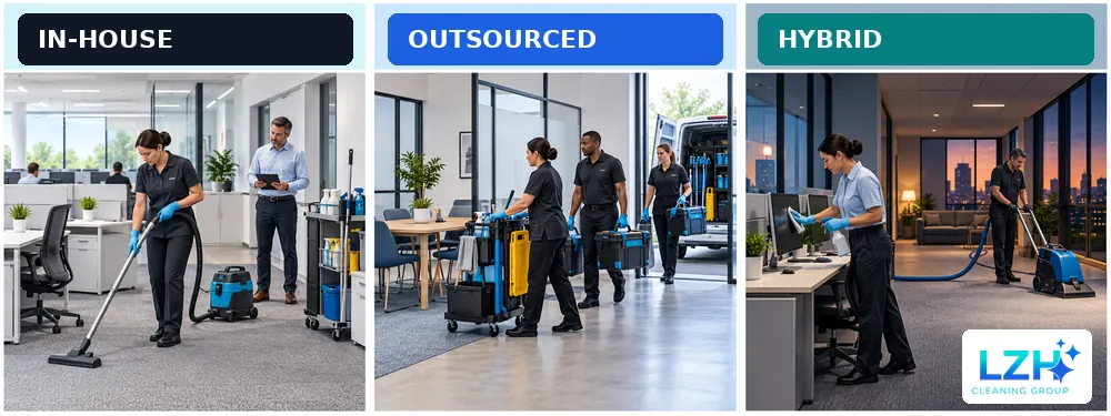 Three workplace scenes comparing in-house, outsourced and hybrid commercial cleaning arrangements.