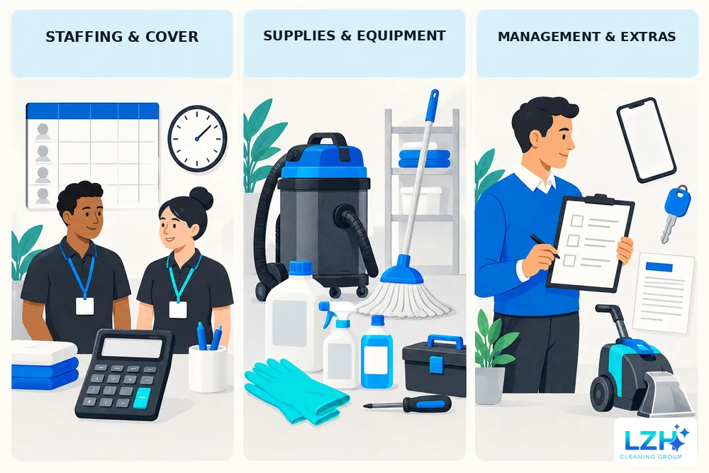 Illustration of annual cleaning cost categories: staffing and cover, supplies and equipment, and management and extras.