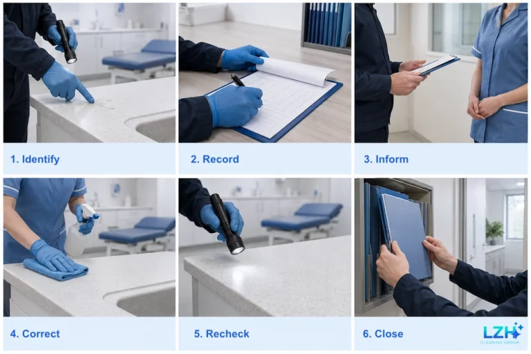 Six-step cleaning issue process: identify, record, inform, correct, recheck and close.