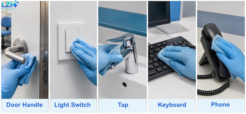 Five high-touch clinic surfaces being cleaned: a door handle, light switch, tap, keyboard and phone.