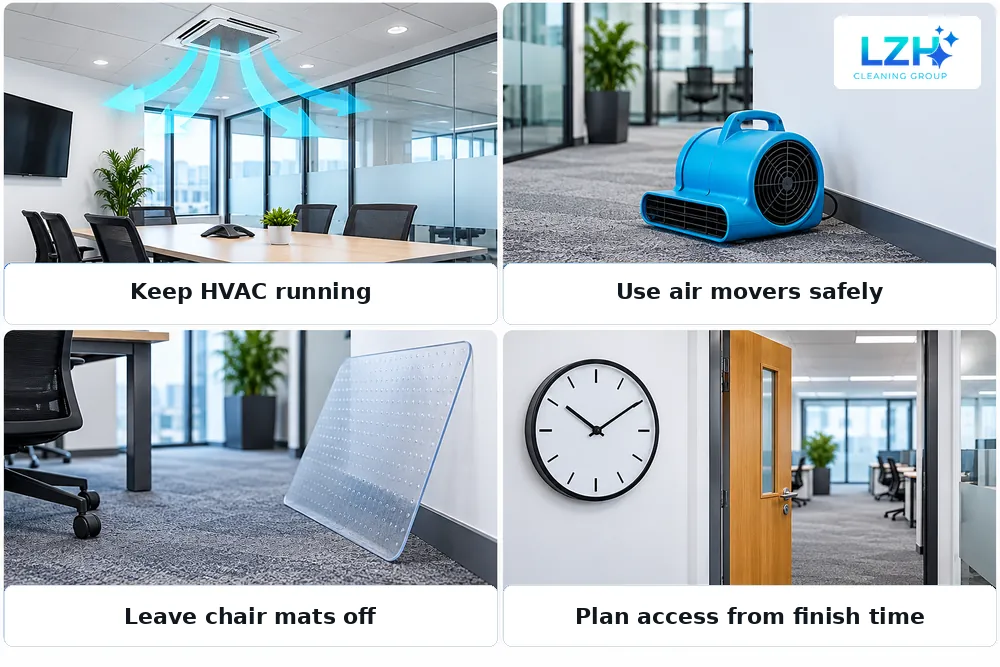 Four ways to help office carpets dry: ventilation, air movers, removing chair mats and planning access.