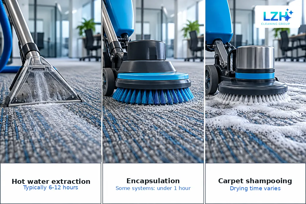Hot water extraction, encapsulation and shampooing shown with their respective drying-time guidance.