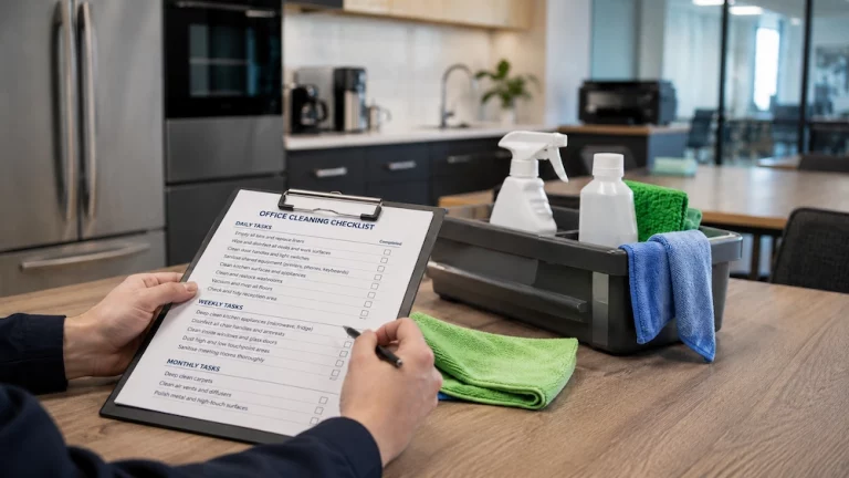 Cleaning supplies and a checklist being reviewed in a shared office kitchen area.