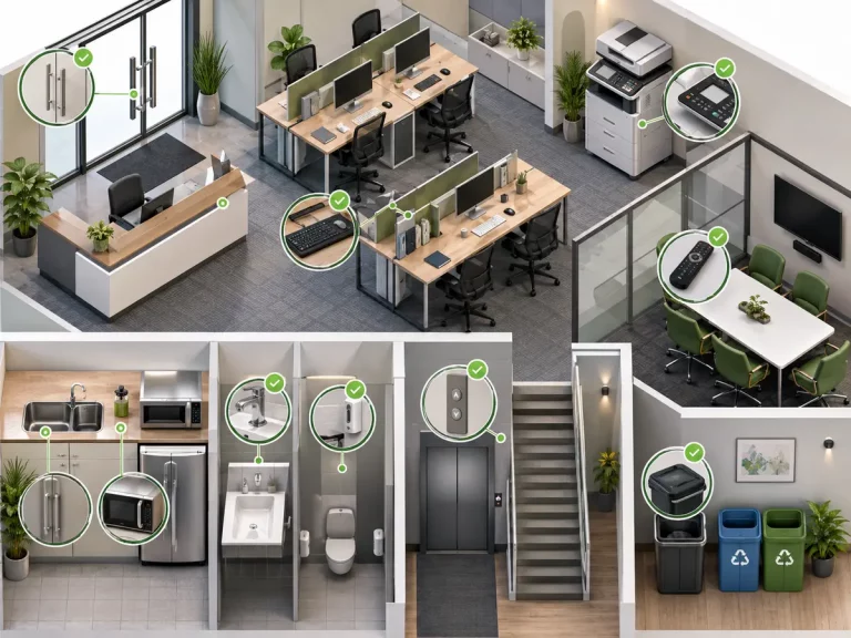 Office floor plan graphic highlighting common missed cleaning touchpoints in workstations, kitchens, washrooms, lifts, and shared areas.