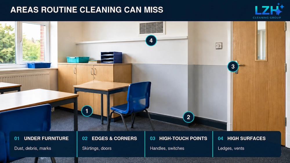 Annotated classroom showing areas under furniture, along edges, on touchpoints and above cupboards that routine cleaning can miss.