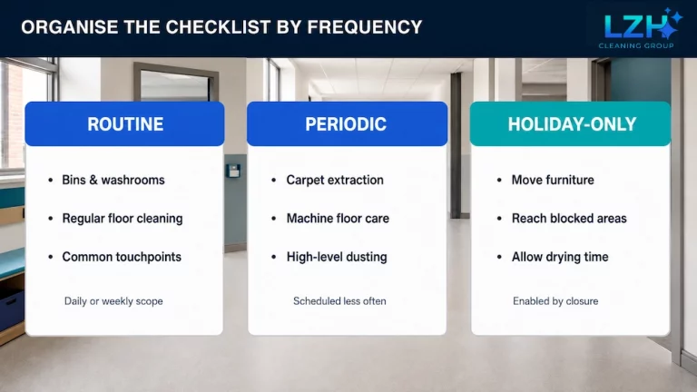 Three-column school cleaning framework grouping routine, periodic and holiday-only tasks.